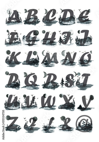 Watercolor English alphabet set, letters on black background of nature, forest, mountains, lake, sky. Poster, print for printing on dishes, on clothing, suitable for greeting cards, wedding invitation