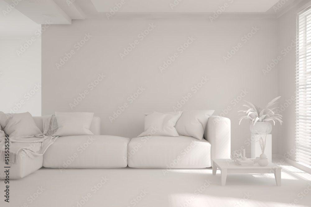 Naklejka premium Mock up of minimalist living room in white color with sofa. Scandinavian interior design. 3D illustration