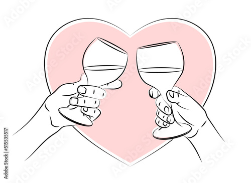 Hands holding glasses with red wine. Romantic dinner at night of two lovers. Happy wine party. Have wedding toast. Dating. Valentines day celebration. Sweet happy young couple just married. Sketch