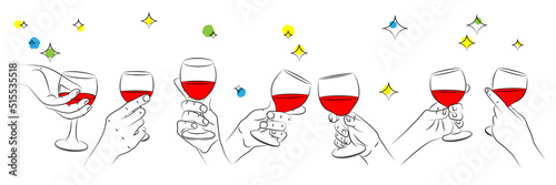 Hands holding glasses with red wine, celebrating. Happy wine party. Alcohol drink concept for restaurant, cafe, party. Menu cover for wine bar. Sketch, linear contour drawing in minimalist style