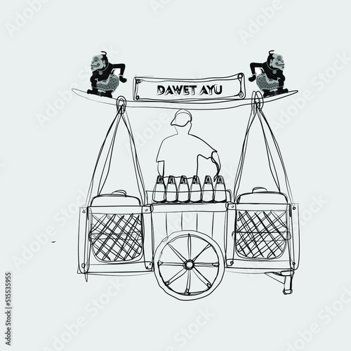 Vector illustration of a street food cart, meatballs, soup, satay, drinks