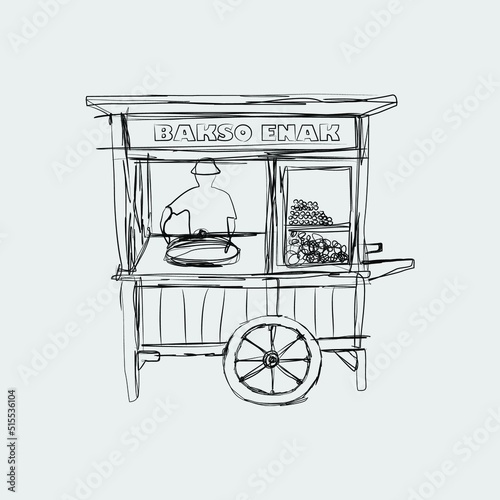 Vector illustration of a street food cart, meatballs, soup, satay, drinks