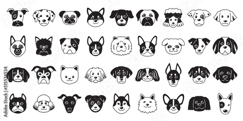 Different type of vector cartoon dog faces for design.