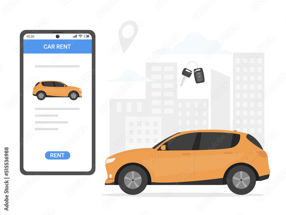 Naklejka premium Rent a car concept with universal citycar and hand illustration