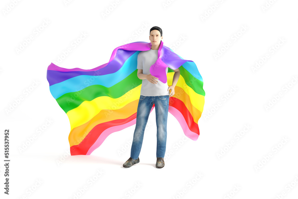 3D realistic rendering of a young Asian gay holding a rainbow flag at a Pride event, isolated on white. LGBT Pride Month Symbol is observed annually in June as a social symbol of gay, lesbian, gay, bi