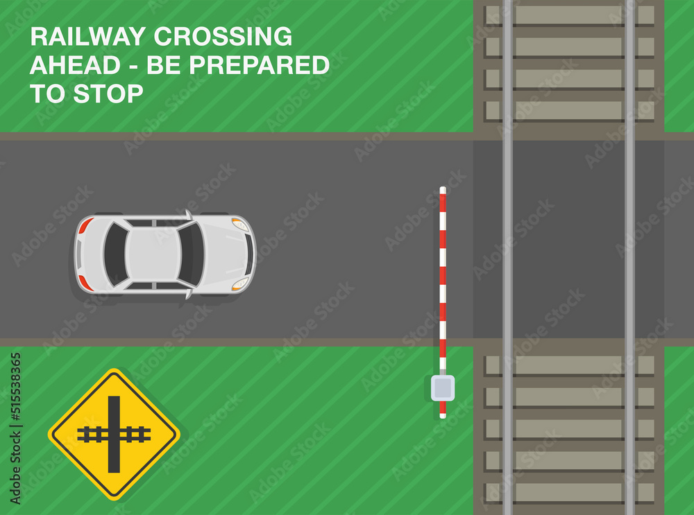 Safe driving tips and traffic regulation rules. Railway crossing ahead