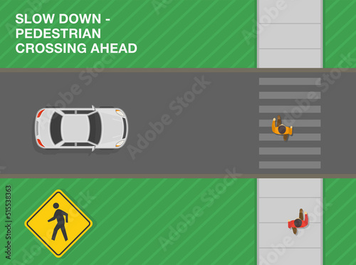 Safe driving tips and traffic regulation rules. Slow down, pedestrian crossing ahead. Road sign meaning. Top view of a city road. Flat vector illustration template.