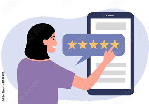 Customer online feedback review five stars rating via smartphone screen in flat design.
