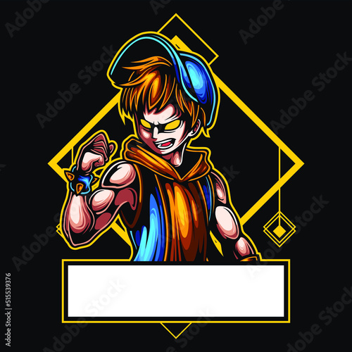 logo esport Boy angry expression with spirit punch. logo vector character boy for gaming. theme blue jacket color costume character.