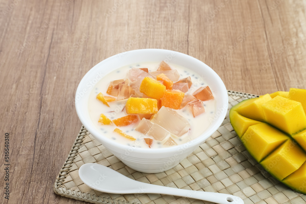 Mango Cheese Milk, a dessert made from jelly, nata de coco, basil seed, sweet mango, cream cheese and milk.
Mango Cheese Milk, a dessert made from jelly, nata de coco, basil seed, sweet mango, cream cheese and milk.