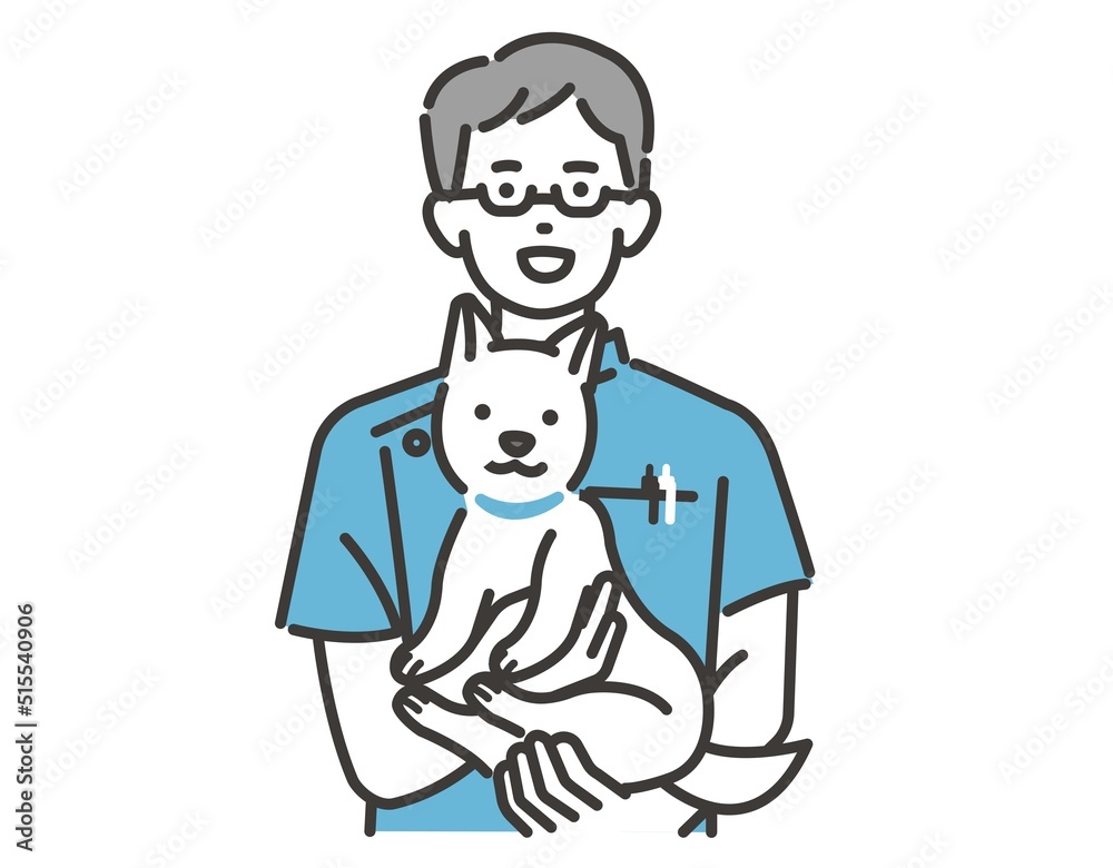犬を抱っこする動物病院で働く獣医やスタッフのベクターイラスト素材／犬や猫／ペット／トリミング／病院