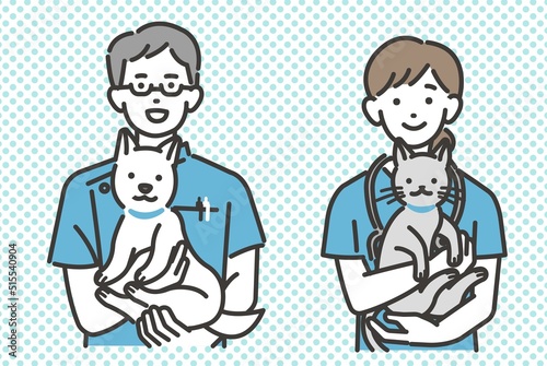 犬や猫を抱っこする動物病院で働く獣医やスタッフのベクターイラスト素材／犬や猫／ペット／トリミング／病院
