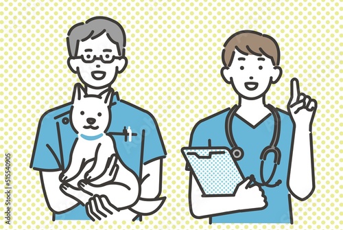 動物病院で働く獣医やスタッフの上半身のベクターイラスト素材／犬や猫／ペット／トリミング／病院