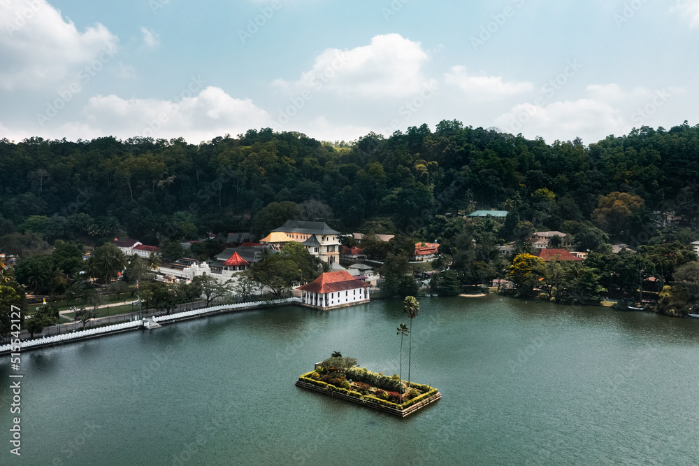 Skyline aerial view of Kandy lake and temple beautiful stunning place in the heart of Kandy city in Sri Lanka. Famous historical and Buddhism landmark Sri Dalada Maligawa, Sacred Tooth Relic The