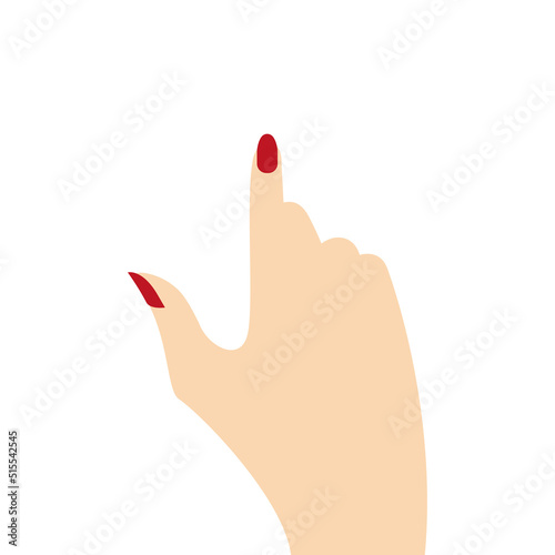 Index finger hand. Female hand with pointing finger. Red manicure. Flat vector illustration isolated on white background.