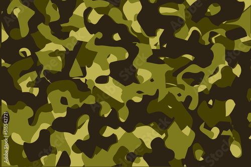 Camouflage seamless pattern background. Horizontal seamless banner. Classic clothing style masking camo repeat print. Green brown black olive colors forest texture. Design element. Vector