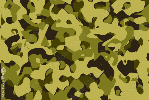 Camouflage seamless pattern background. Horizontal seamless banner. Classic clothing style masking camo repeat print. Green brown black olive colors forest texture. Design element. Vector