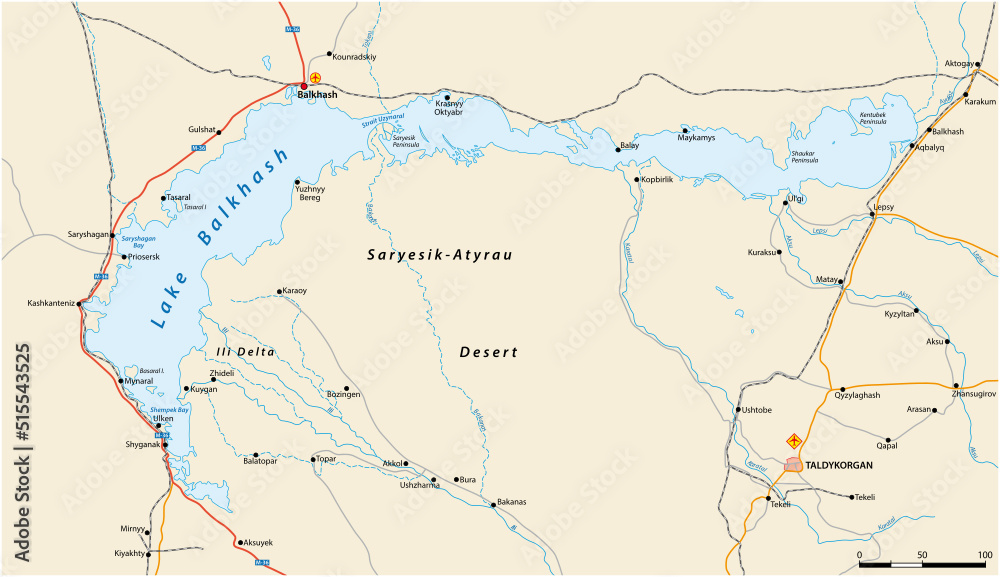 Vector map of lake Balkhash in eastern Kazakhstan