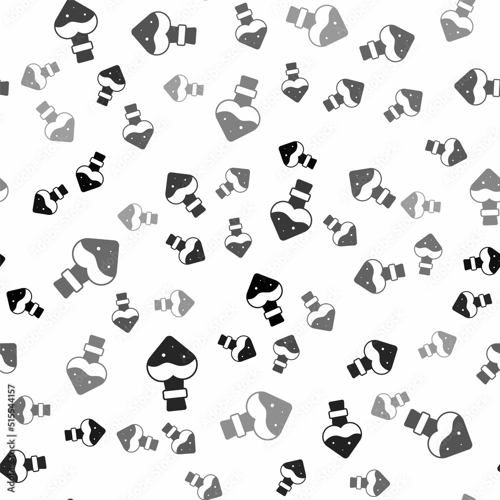 Black Bottle with potion icon isolated seamless pattern on white background. Flask with magic potion. Happy Halloween party. Vector Black Bottle with potion icon isolated seamless pattern on white background. Flask with magic potion. Happy Halloween party. Vector