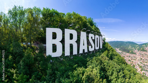 Tablou pe pânză Aerial drone panoramic view of Brasov sign on the top of the hill, Romania