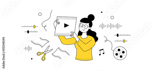 Video editing doodle concept. Motion designer or animator holding film in hands create animated movies or clips. Graphic studio service, multimedia and animation montage, Linear vector web banner