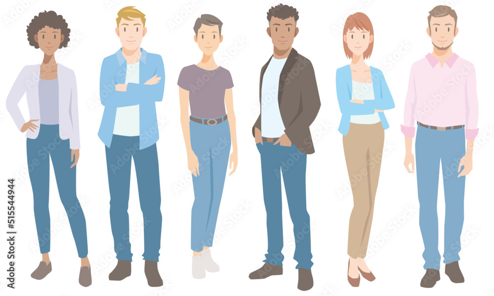 Obraz premium Group of people in casual clothes whole body standing. Flat vector illustration isolated on white background.