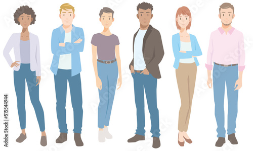 Group of people in casual clothes whole body standing. Flat vector illustration isolated on white background.