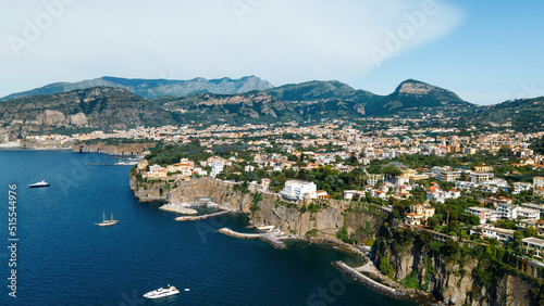 Aerial drone view of the Tyrrhenian sea coast in Sorrento, Italy