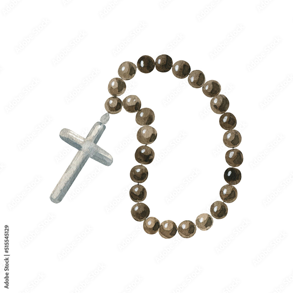 Obraz premium Wooden rosary beads. Watercolor illustration. Hand drawn religious element.