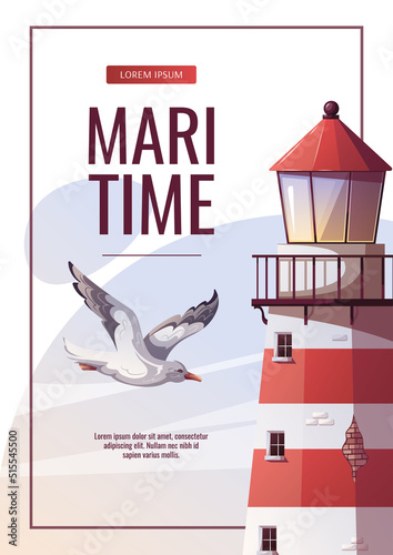 Flyer design with Lighthouse and flying seagull. Maritime, sea coast, marine life, nautical concept. Vector illustration. Flyer, cover, banner template.