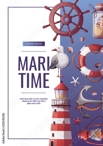 Flyer design with Ship's steering wheel, anchor, lifebuoy, sand bottle, corals, starfishes, seashells, lighthouse. Maritime, sea coast, marine life, nautical concept. Vector illustration. 