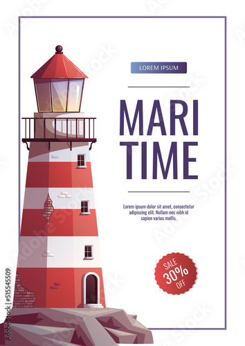 Flyer design with Lighthouse on the sea rock. Maritime, sea coast, marine life, nautical concept. Vector illustration. Flyer, cover, banner template.
