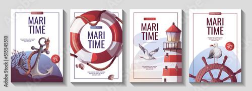 Set of flyers with lighthouse, ship's steering wheel, anchor, lifebuoy, corals, seagulls, seashells. Maritime, sea coast, marine life, nautical concept. Vector illustrations. photo