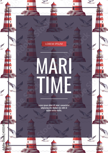 Flyer design with Lighthouse and flying seagull pattern. Maritime, sea coast, marine life, nautical concept. Vector illustration. Flyer, cover, banner template.