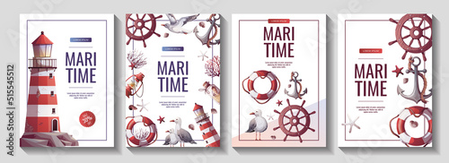 Sewt of flyers with lighthouse, ship's steering wheel, anchor, lifebuoy, sand bottle, corals, seagulls, seashells. Maritime, sea coast, marine life, nautical concept. Vector illustrations.