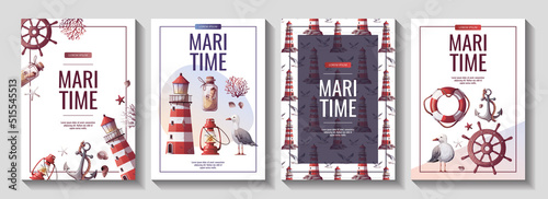Set of flyers with lighthouse, ship's steering wheel, anchor, lifebuoy, sand bottle, corals, seagulls, seashells. Maritime, sea coast, marine life, nautical concept. Vector illustrations.
