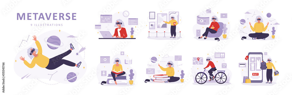 Metaverse and Virtual reality concept. Elderly women in VR glasses learning, meditating, working and doing sport. Modern technological entertainment. Set of vector illustrations in cartoon style.