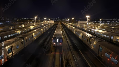 West Side Yard at night. Commuter rail trains. Rail yard at night