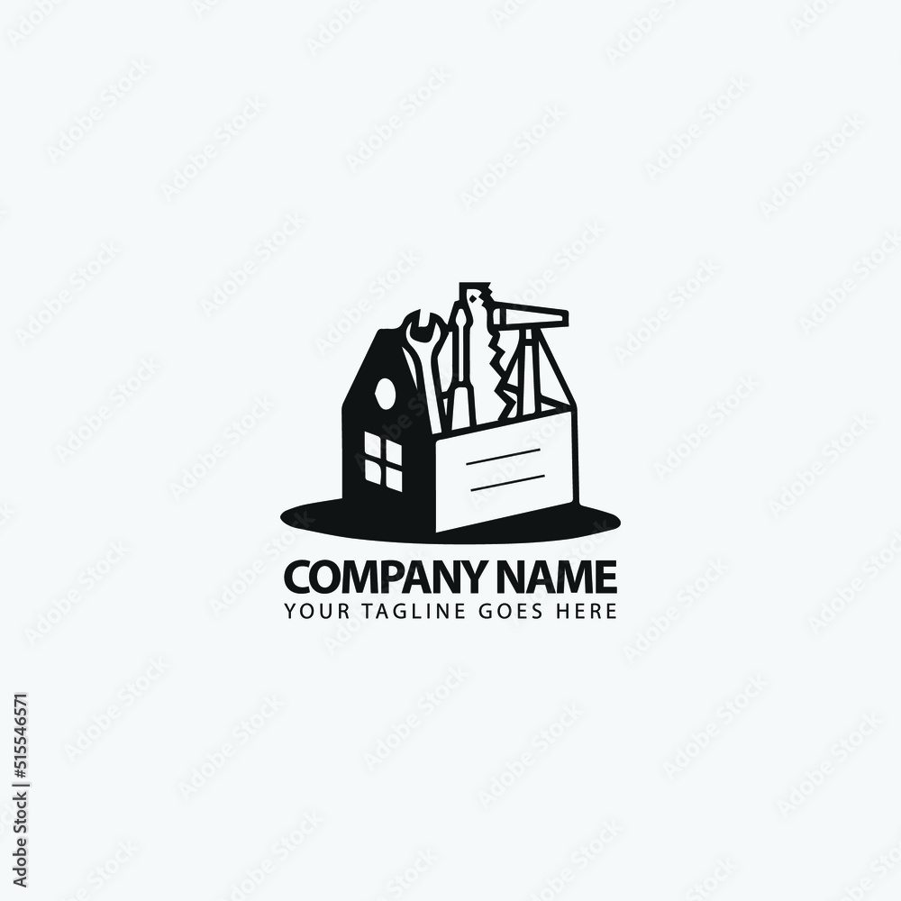 Carpentry services vector design. Wooden house with hammer logo