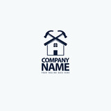 Carpentry services vector design. Wooden house with hammer logo