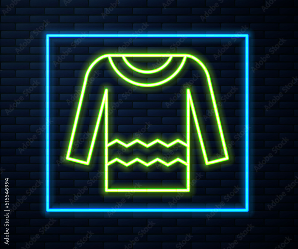 Glowing neon line Sweater icon isolated on brick wall background. Pullover icon. Vector Glowing neon line Sweater icon isolated on brick wall background. Pullover icon. Vector