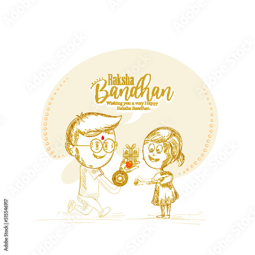 Indian brother and sister carecter with rakhi for Indian festival Raksha Bandhan Greeting Card Template Design. 