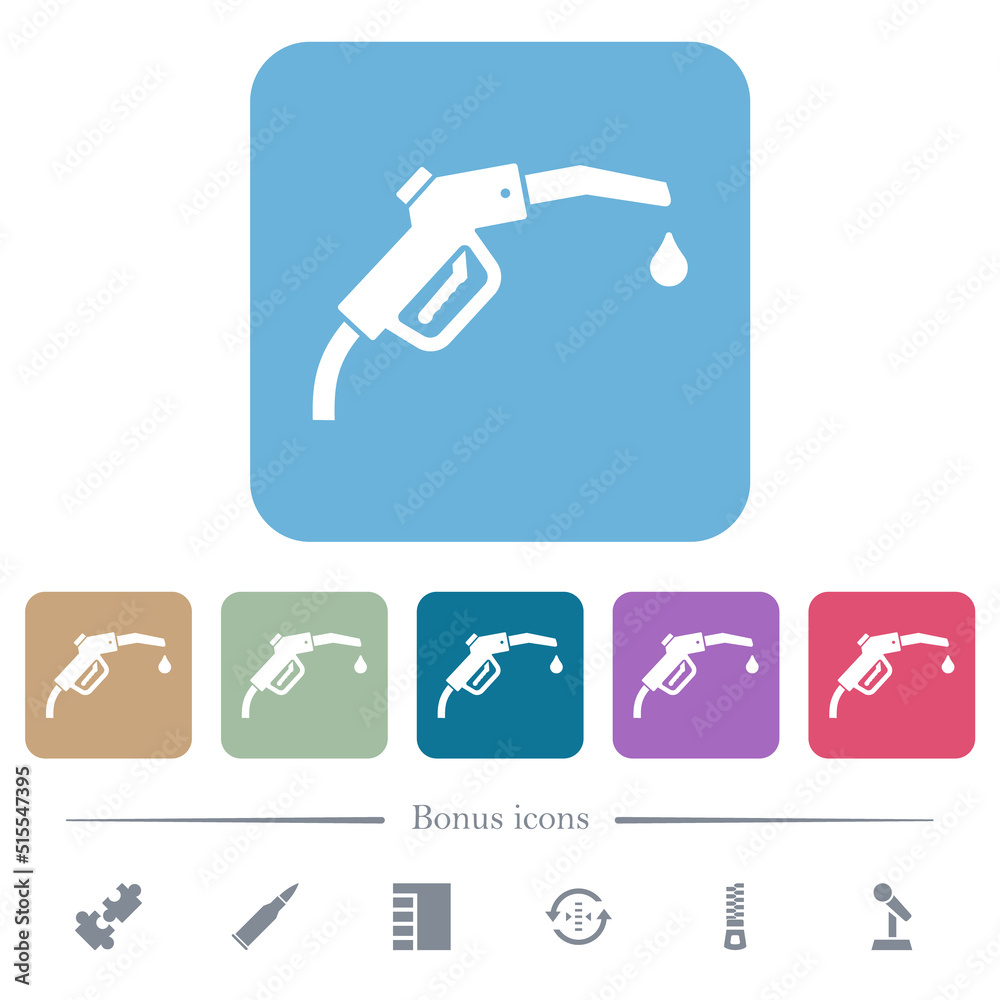 Gasoline pump fuel nozzle solid flat icons on color rounded square backgrounds Gasoline pump fuel nozzle solid flat icons on color rounded square backgrounds