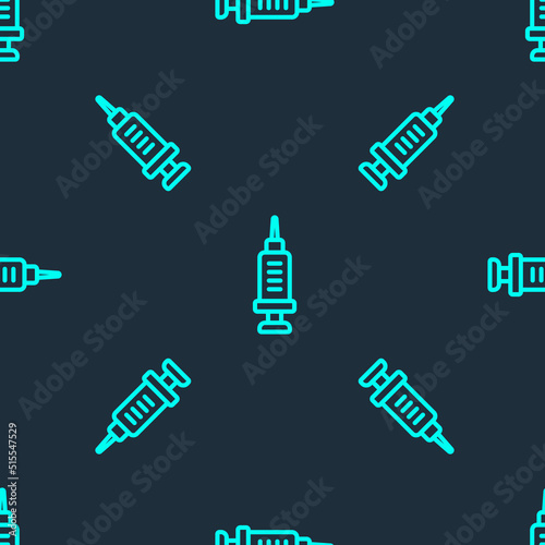 Green line Addiction to the drug icon isolated seamless pattern on blue background. Heroin, narcotic, addiction, illegal. Sick junkie with a syringe and medical pills. Vector
