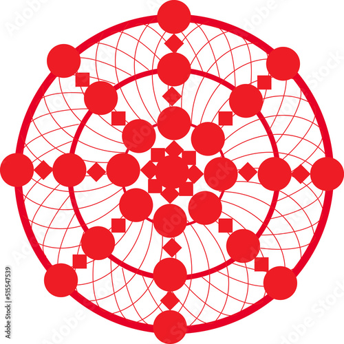 Red color mandala Alpona design. Template for congratulations.Аtom model.