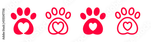 Dog Paw Love with a heart-shaped frame of dog tracks and trails. Dog or cat Love Heart with cute paw print vector illustration. Best used for pet care, pet-friendly logo.	