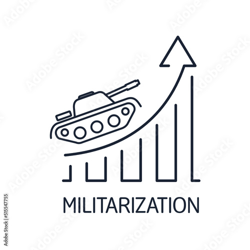 Tank and growth graph. Militarization. Building up military potential and capabilities. Vector linear icon isolated on white background.