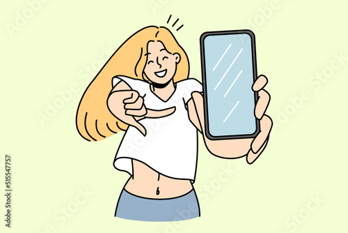 Smiling young woman pointing at cellphone screen show good sale deal or offer. Happy girl demonstrate new app on modern smartphone. Technology concept. Vector illustration. 