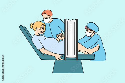 Pregnant woman give birth to baby in hospital. Female in labor in clinic. Childbirth and motherhood. C-section surgery. Pregnancy concept. Vector illustration. 