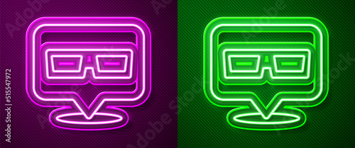 Glowing neon line 3D cinema glasses icon isolated on purple and green background. Vector